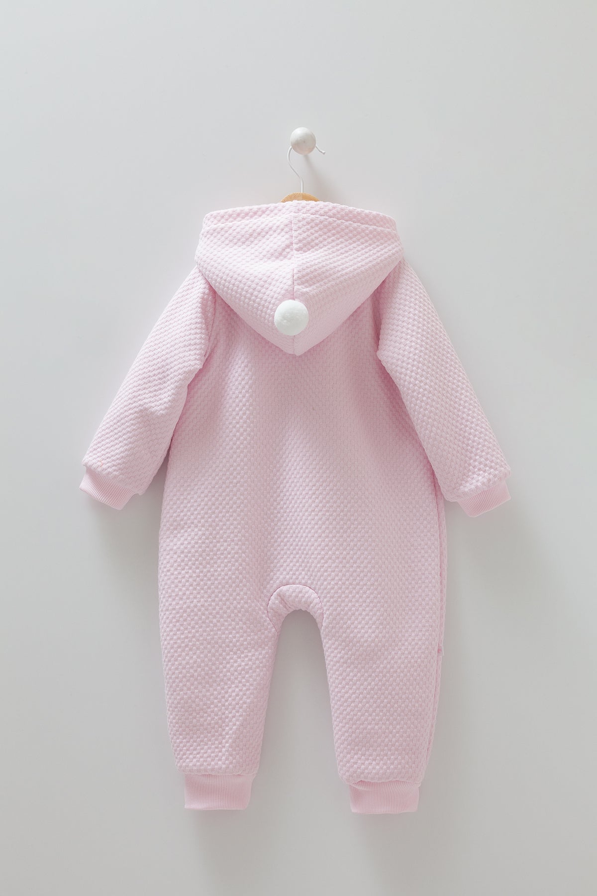 8355 Plush Baby Girl Warm Hooded Jumpsuit – Pink with Bunny Design | Cotton, Plush Lining | Sizes 6–9 Months | Made in Turkey