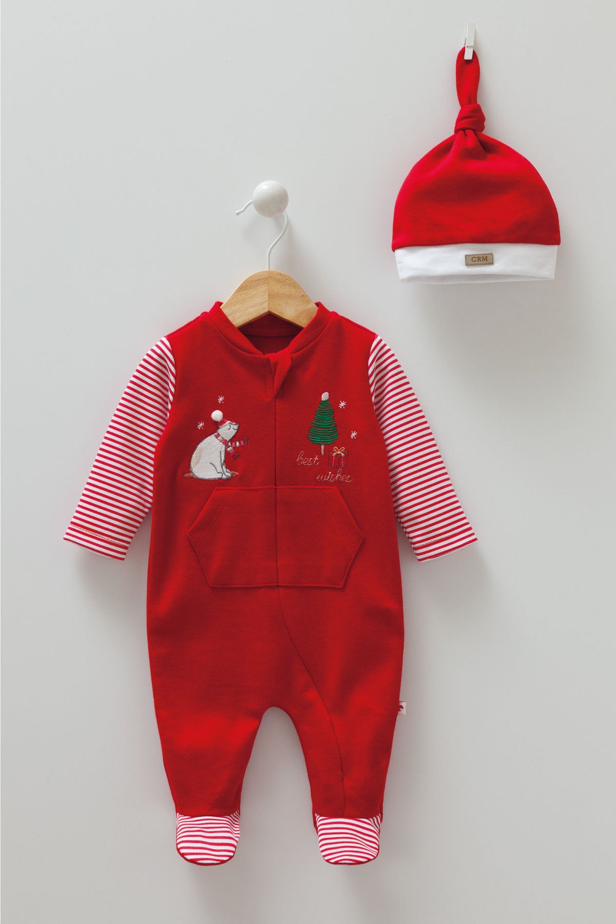 8445 Caramell | Unisex Christmas 2-Piece Baby Set | Red Footed Jumpsuit with Striped Sleeves & Hat | 0–9 Months | 100% Cotton | Made in Turkey
