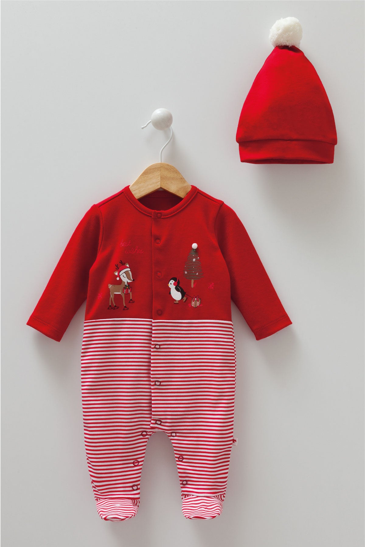 8446 Caramell | Unisex Christmas 2-Piece Baby Set | Red Striped Footed Sleepsuit & Pom-Pom Hat | 0–9 Months | 100% Cotton | Made in Turkey