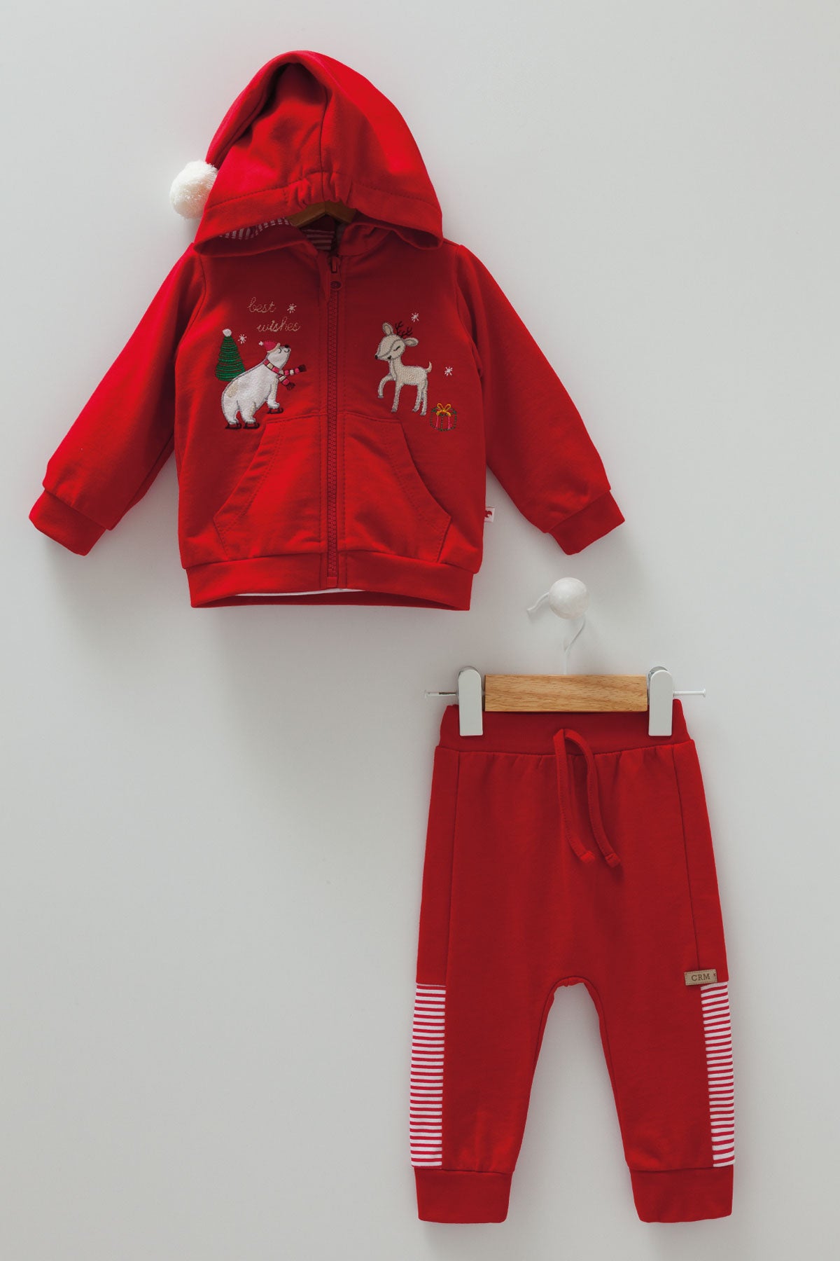 8447 Caramell | Unisex Christmas 3-Piece Baby Set | Red Hoodie, Striped Top & Pants | 3–18 Months | 100% Cotton | Made in Turkey