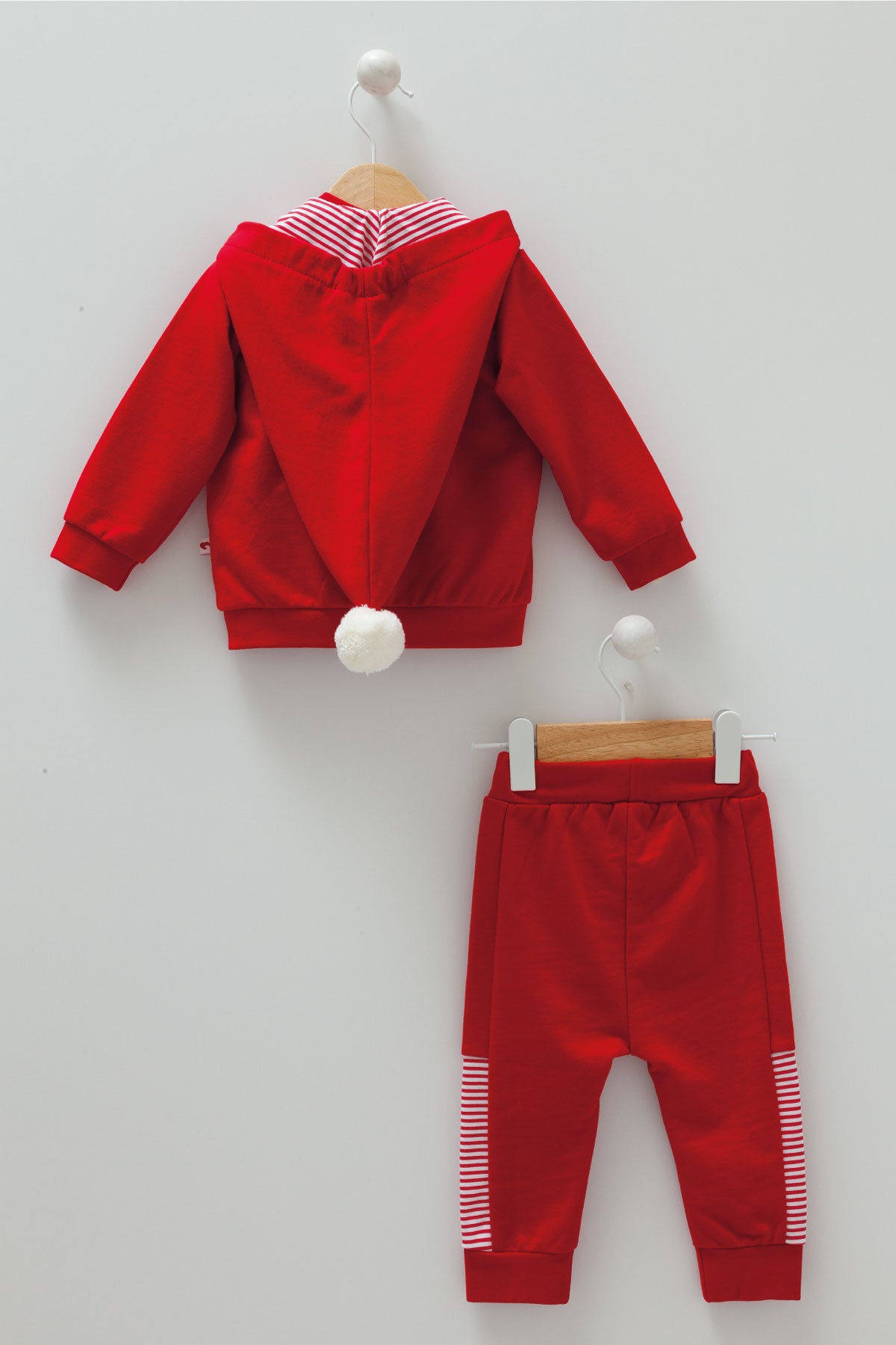 8447 Caramell | Unisex Christmas 3-Piece Baby Set | Red Hoodie, Striped Top & Pants | 3–18 Months | 100% Cotton | Made in Turkey