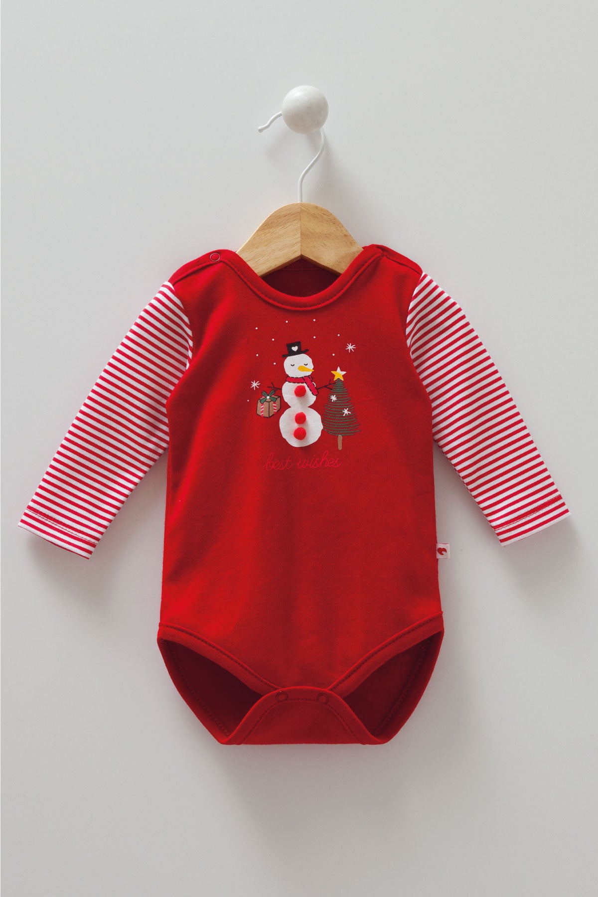 8449 Caramell | Unisex Christmas Bodysuit with Snowman & Striped Sleeves | Red | 0–9 Months | 100% Cotton | Made in Turkey