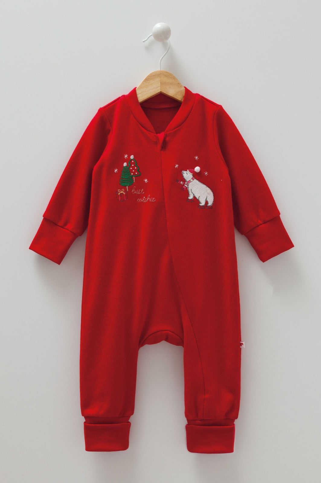 8451 Caramell | Unisex Christmas Baby Sleepsuit | Red with Polar Bear Embroidery | 6–18 Months | 100% Cotton | Made in Turkey