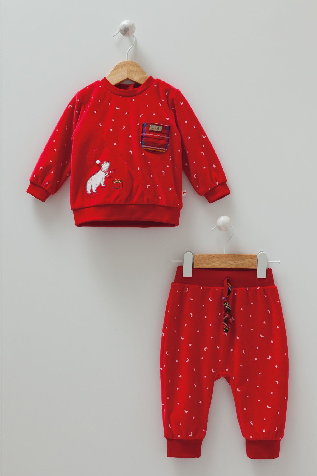 8456 Caramell | Unisex Christmas 2-Piece Baby Set | Red Sweatshirt with Embroidery & Star Print Pants | 0–12 Months | 100% Cotton | Made in Turkey