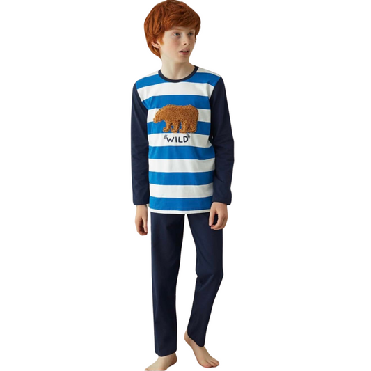 8456 ZEYZEY Boys’ Cotton Pajama Set – Blue Striped Top with Furry Bear Patch & Navy Pants | Sizes 104–164 cm | Made in Turkey