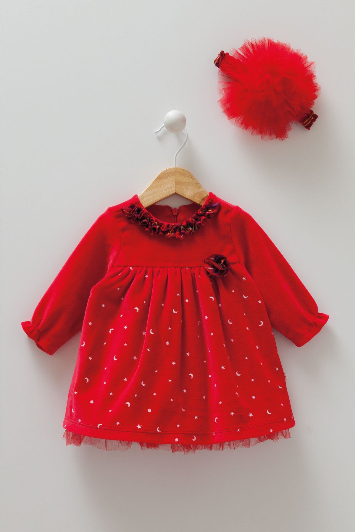 8457 Caramell | Baby Girls Christmas Dress with Tulle Headband | Red Velvet & Star Print | 0–12 Months | Made in Turkey