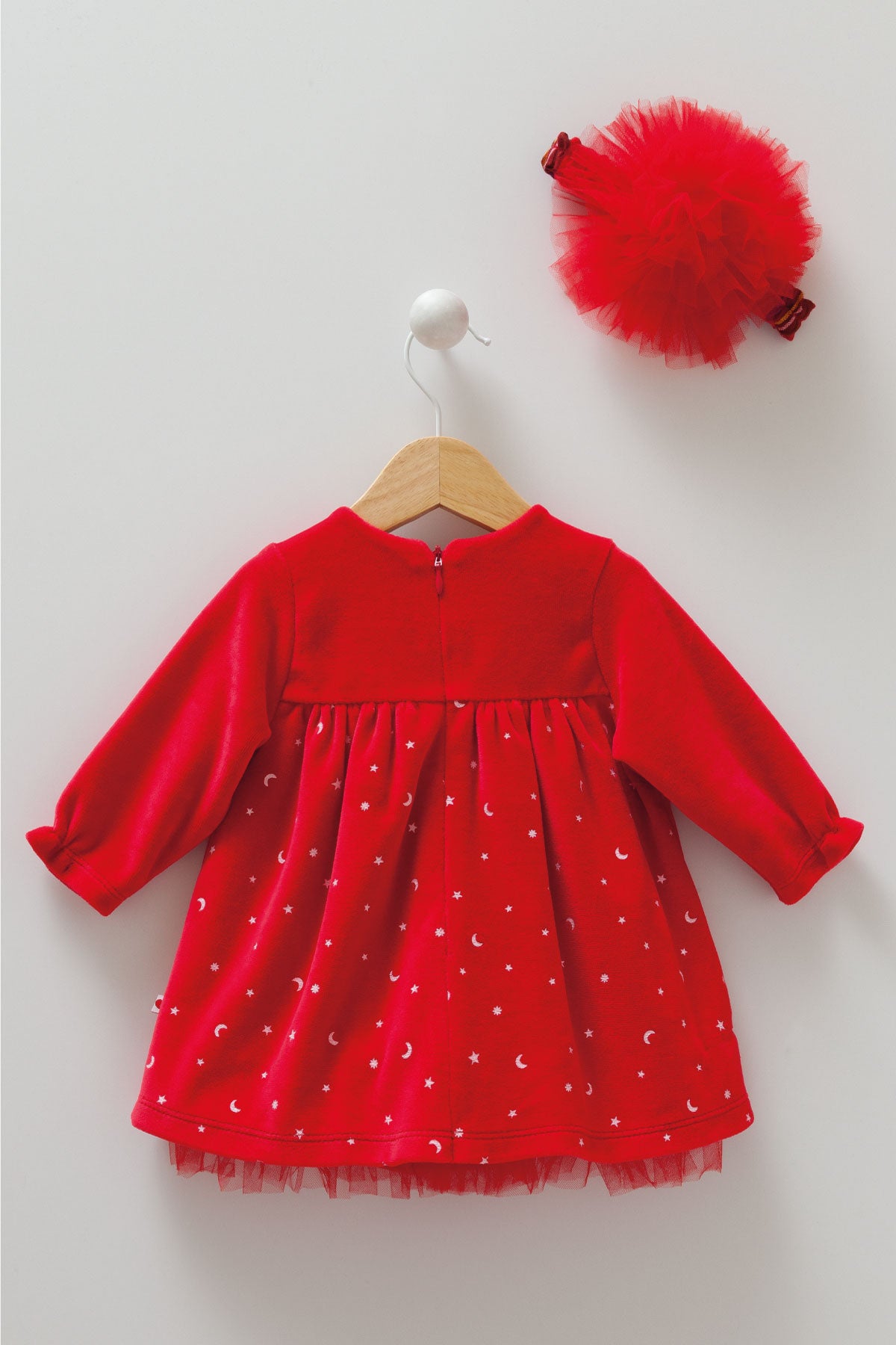8457 Caramell | Baby Girls Christmas Dress with Tulle Headband | Red Velvet & Star Print | 0–12 Months | Made in Turkey