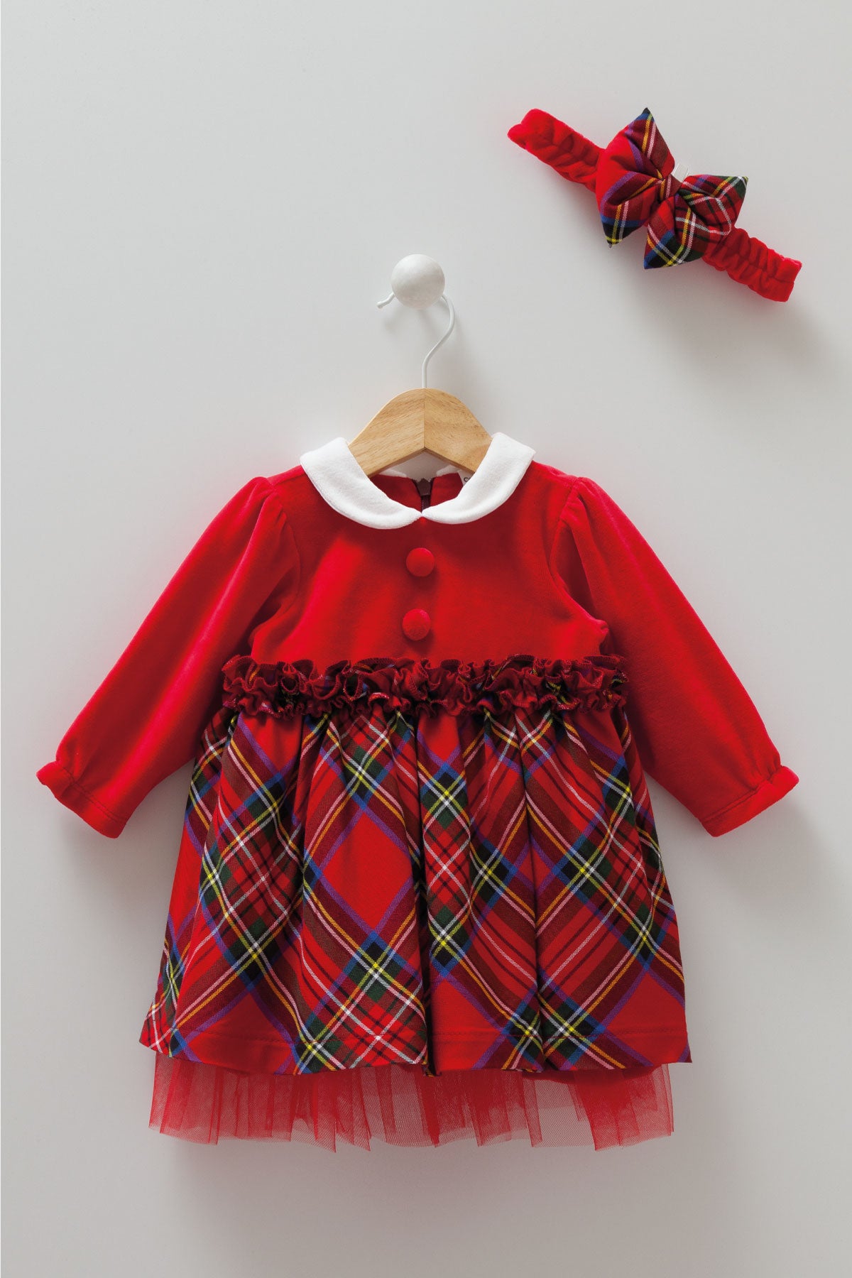 8459 Caramell | Baby Girls Christmas Dress with Headband | Red Velvet Top & Plaid Skirt | 3–18 Months | Made in Turkey