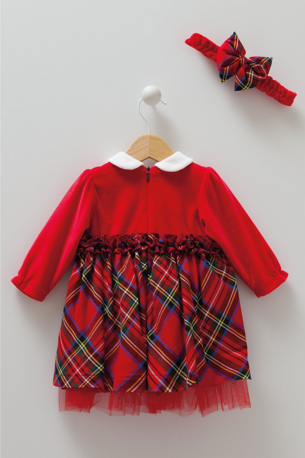 8459 Caramell | Baby Girls Christmas Dress with Headband | Red Velvet Top & Plaid Skirt | 3–18 Months | Made in Turkey