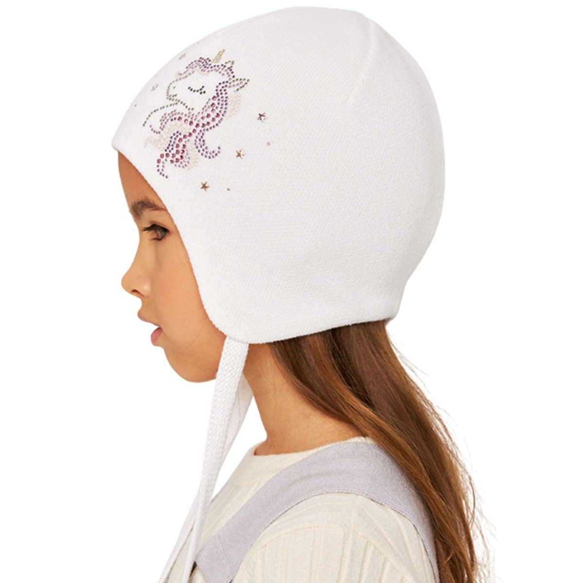 10831 Girls’ Cotton Knit Hat with Ties – Unicorn & Star Rhinestone Design | Size 50-52  / 18-36 Months | Spring/Fall Lightweight Beanie