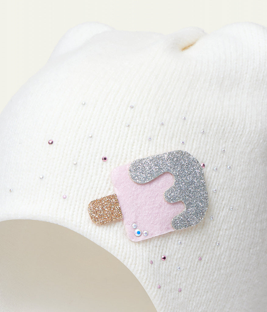 11271 Girls’ Winter Hat with Ears, Tie Strings & Ice Cream Design | 18–36 Months | Cashmere Wool Blend, Cotton Lining