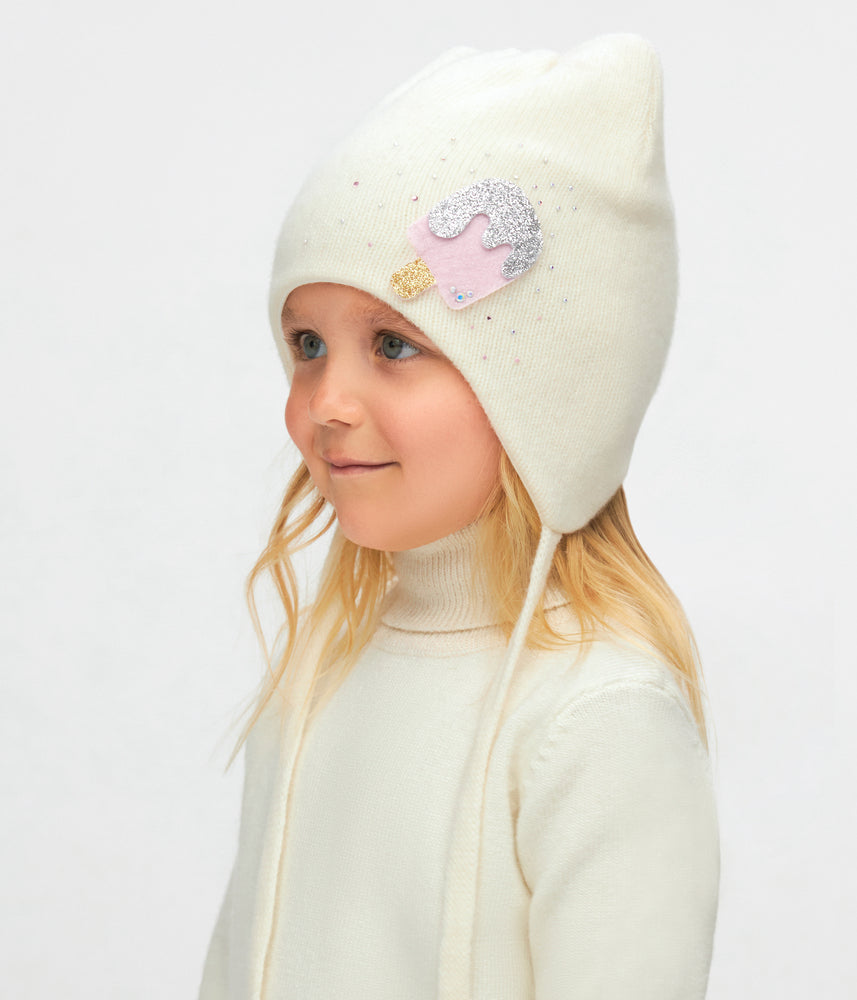 11271 Girls’ Winter Hat with Ears, Tie Strings & Ice Cream Design | 18–36 Months | Cashmere Wool Blend, Cotton Lining