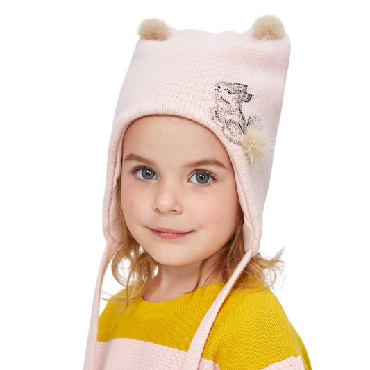 11347 Baby Girls’ Winter Hat with Ears & Squirrel Design, Trimmed with Natural Fur | 9–18 Months | Cashmere Wool Blend, Cotton Lining