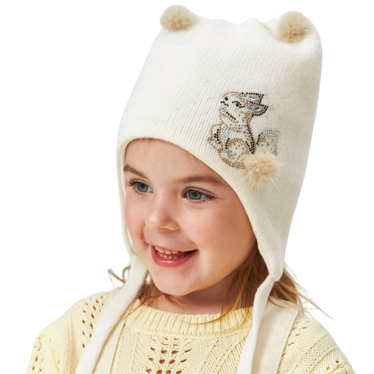 11347 Baby Girls’ Winter Hat with Ears & Squirrel Design, Trimmed with Natural Fur | 9–18 Months | Cashmere Wool Blend, Cotton Lining