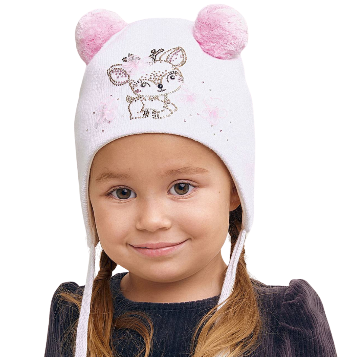 11711 Girls’ Cotton Tie Hat – Deer & Flowers Rhinestone Design | Fuzzy Pom Ears | Size 50-52 / 18-36 Months | 100% Cotton Inside & Out | Spring/Fall Weather