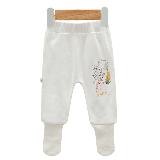 8213 Newborn Baby Boy Footed Pants with Knitted Bottom – Beige with "Happy" Animal Print | 100% Cotton | 0–6M | Turkey