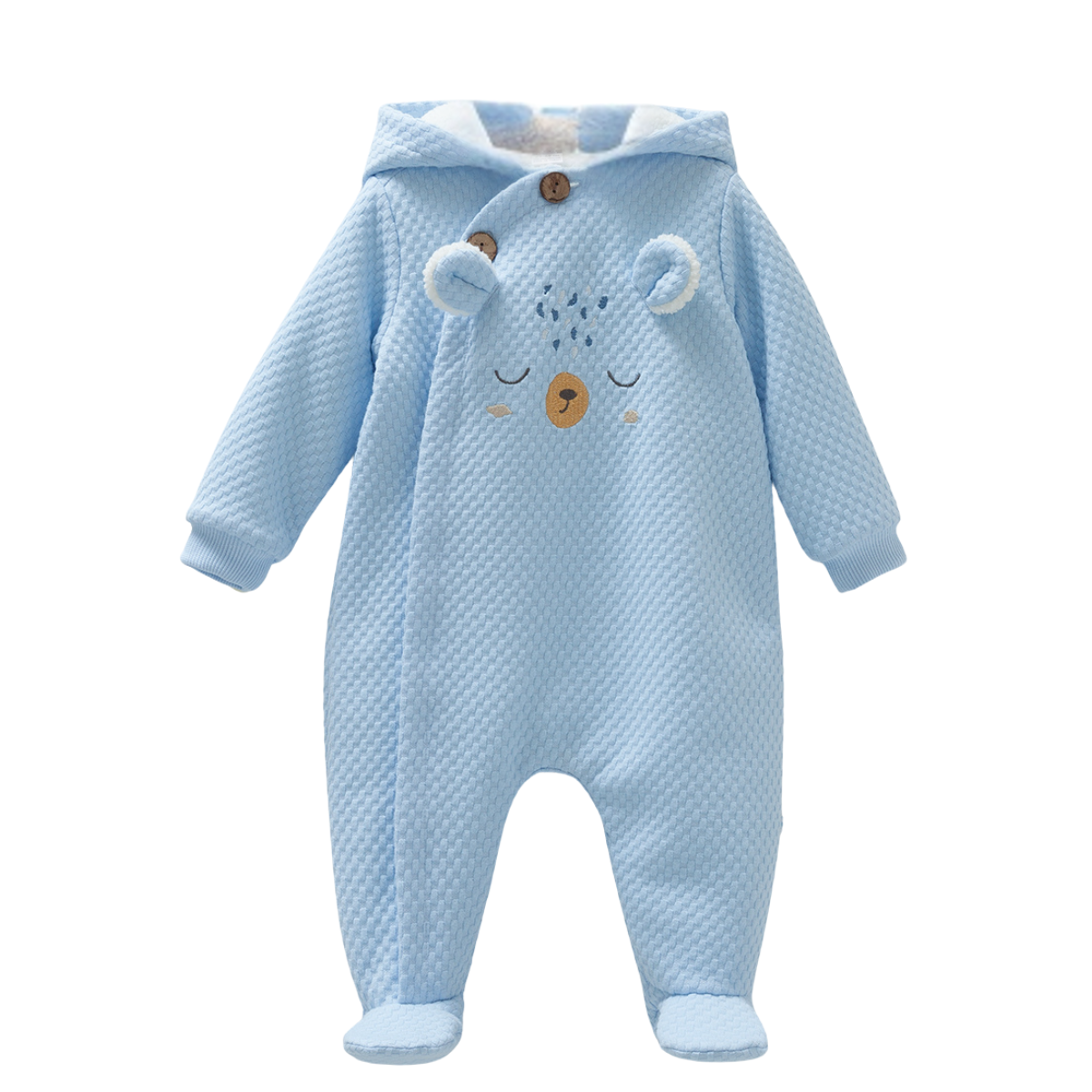8347 Plush Baby Boy Warm Hooded Jumpsuit – Blue with Cute Bear Design | Cotton, Plush Lining | Sizes 3–18 Months | Made in Turkey
