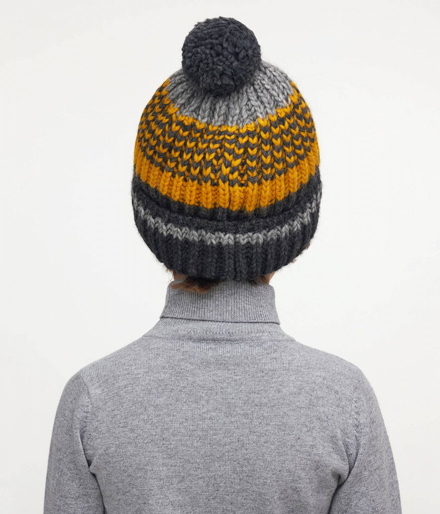 11049 Boys’ Knitted Winter Hat with Bold 3-Tone Stripes & Pom-Pom – Wool Blend | Sizes 54–56 | Ages 6–12 Years