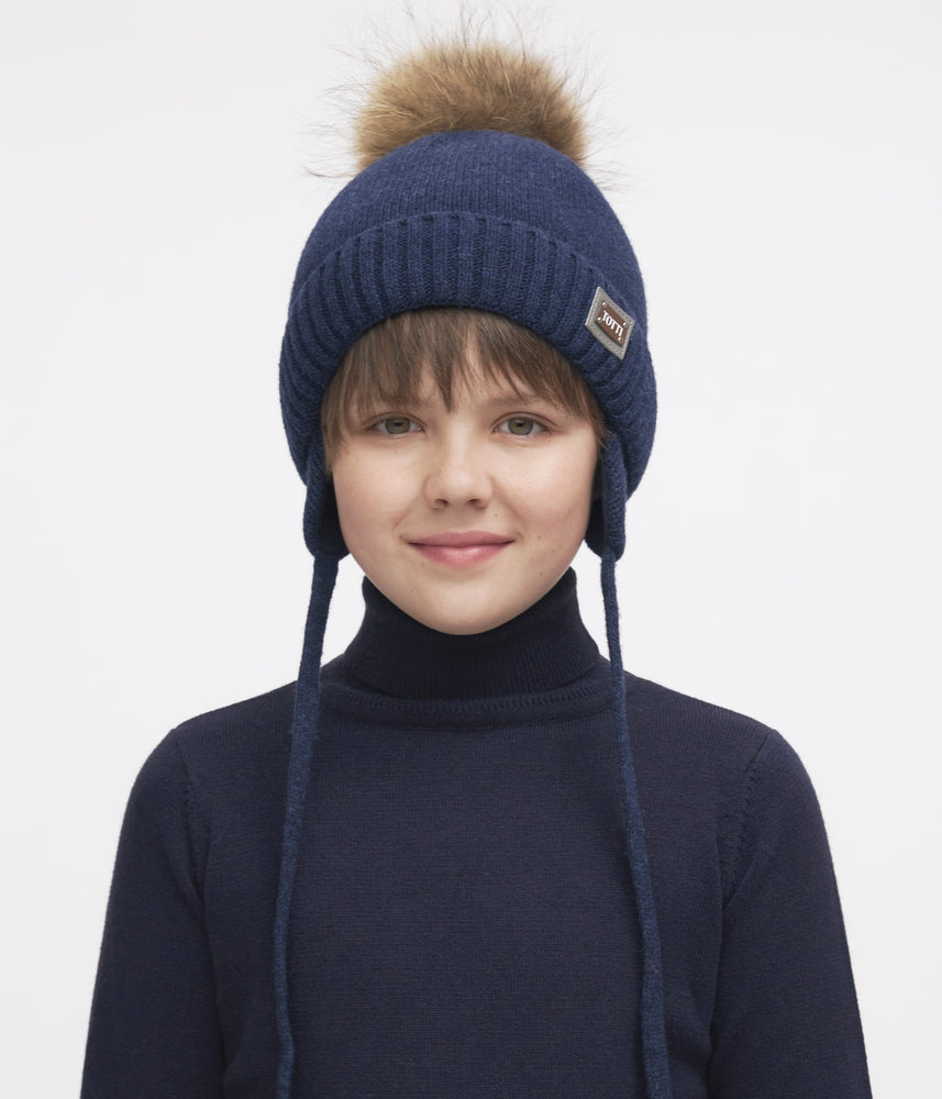 11411 Boys’ Knitted Winter Hat with Earflaps & Natural Fur Pom-Pom | Sizes 48-50,50–52,52-54,54-56 cm | 9–18, 18-36 Months, 3-5 Y, 6-12 Y | Сashmere, Wool | 100% Cotton Lining