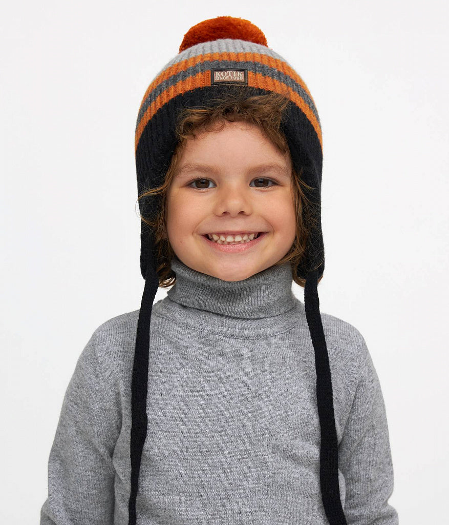 11103 Boys’ Striped Winter Knit Hat with Pom-Pom & Earflaps | Sizes 50–52 cm | 18–36 Months | Baby Alpaca, Wool | 100% Cotton Lining