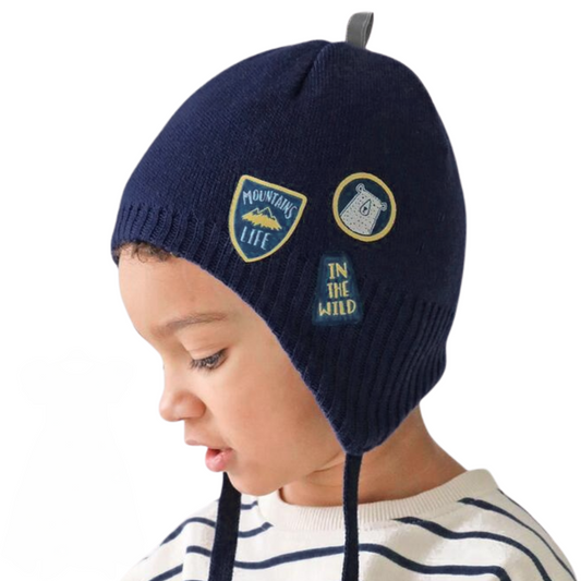 90872 Boys' Adventure Patch Knit Beanie with Earflaps ⛺ Cotton Lining | Size 52–54 | Ages 3–5 | Spring & Autumn
