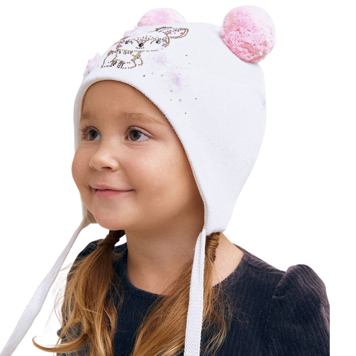 11711 Girls’ Cotton Tie Hat – Deer & Flowers Rhinestone Design | Fuzzy Pom Ears | Size 50-52 / 18-36 Months | 100% Cotton Inside & Out | Spring/Fall Weather