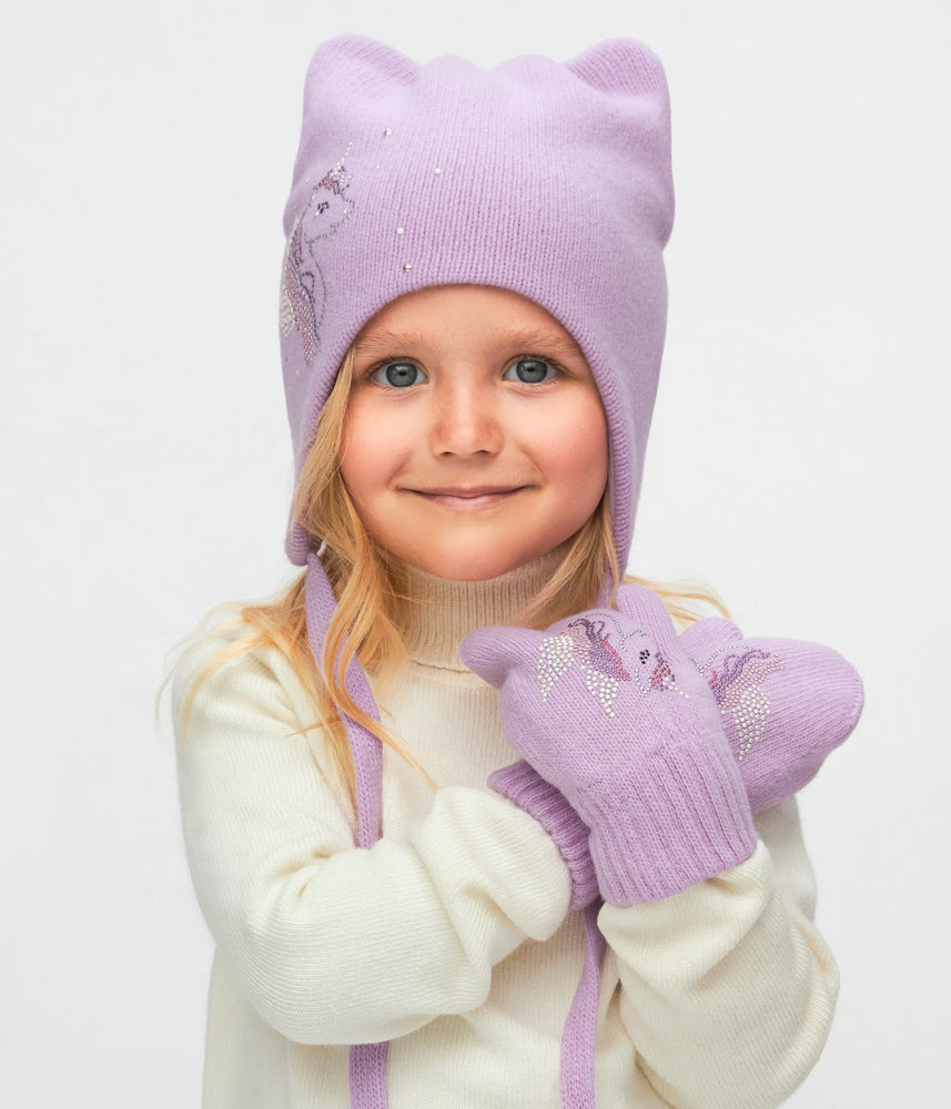 11261 Girls’ Warm Winter Hat with Ears, Tie Strings & Unicorn Rhinestone Design | 18–36 Months | Cashmere Wool Blend, Cotton Lining