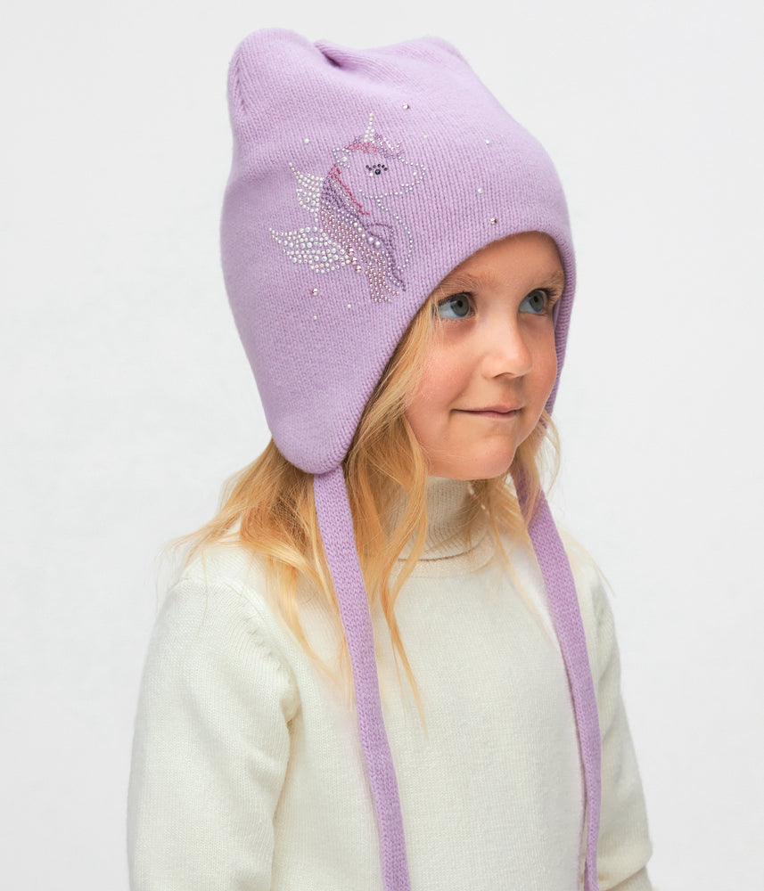 11261 Girls’ Warm Winter Hat with Ears, Tie Strings & Unicorn Rhinestone Design | 18–36 Months | Cashmere Wool Blend, Cotton Lining