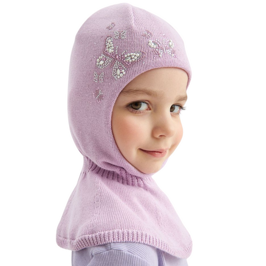 11712 Girls’ Knit Balaclava Hat – 100% Cotton Inside & Out | Embellished Butterfly & Floral Design | Ages 2Y | Spring/Fall Full-Coverage Hood