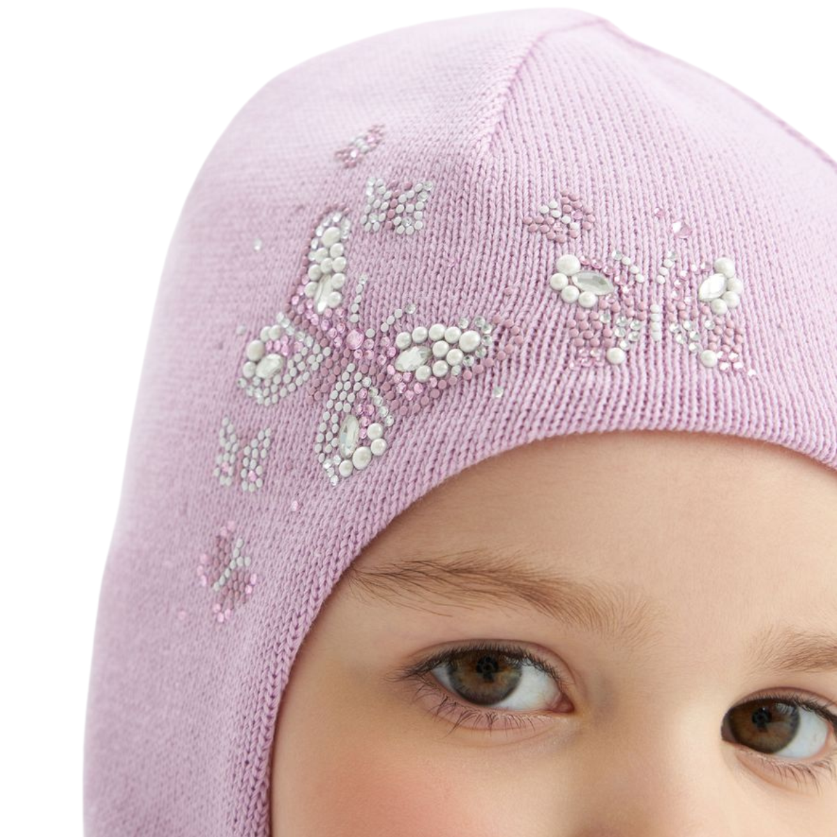 11712 Girls’ Knit Balaclava Hat – 100% Cotton Inside & Out | Embellished Butterfly & Floral Design | Ages 2Y | Spring/Fall Full-Coverage Hood
