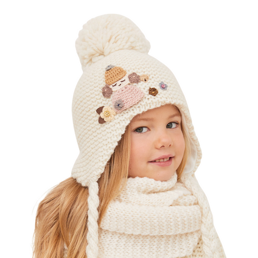 81198 Girls’ Winter Hat with Pom-Poms & Embroidered Doll Design | Sizes 9 Months – 12 Years | Baby Alpaca, Wool