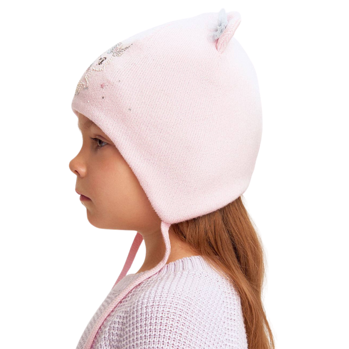 11716 Girls’ Knit Hat with Ties – Pink Unicorn Design & Pom Ears | Size 48-50 / 9-18 Months | 100% Cotton Inside & Out | Spring/Fall Beanie for Toddlers