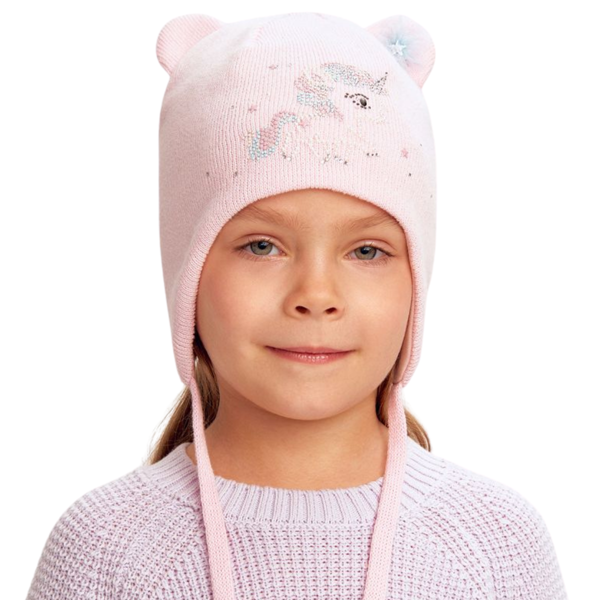 11716 Girls’ Knit Hat with Ties – Pink Unicorn Design & Pom Ears | Size 48-50 / 9-18 Months | 100% Cotton Inside & Out | Spring/Fall Beanie for Toddlers