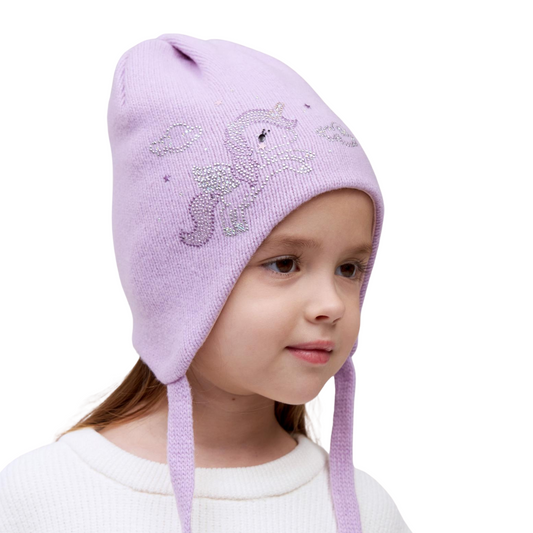 10363 Baby Girls’ Mid-Season Hat with Ears & Tie Strings | Cashmere Wool Blend, Rhinestone Decor
