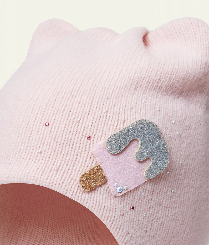 11271 Girls’ Winter Hat with Ears, Tie Strings & Ice Cream Design | 18–36 Months | Cashmere Wool Blend, Cotton Lining