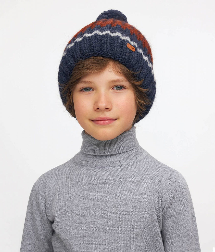 11049 Boys’ Knitted Winter Hat with Bold 3-Tone Stripes & Pom-Pom – Wool Blend | Sizes 54–56 | Ages 6–12 Years