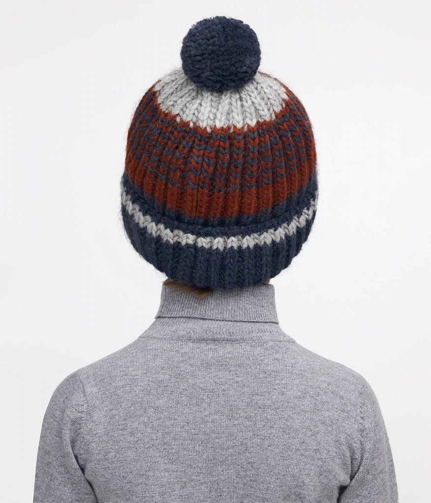 11049 Boys’ Knitted Winter Hat with Bold 3-Tone Stripes & Pom-Pom – Wool Blend | Sizes 54–56 | Ages 6–12 Years