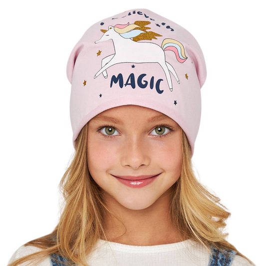 10880 Girls' Lightweight Pink Beanie with Flying Unicorn & "Magic" Print 🌈 Cotton Blend | Size 52–54 | Ages 3–5 | Spring & Summer