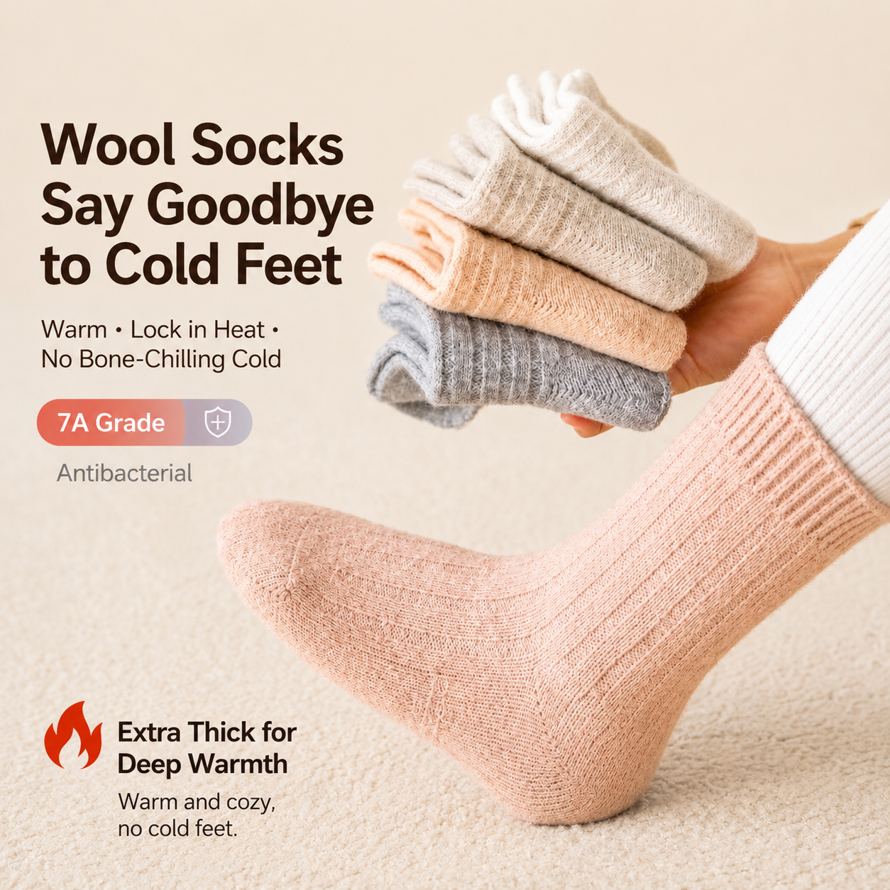 117 Girls’ Warm Socks with Natural Wool – 3 Pairs per Pack | Ivory, Peach & Pink | Thick & Soft | Fall/Winter| Antibacterial | Ages 2–8 Years