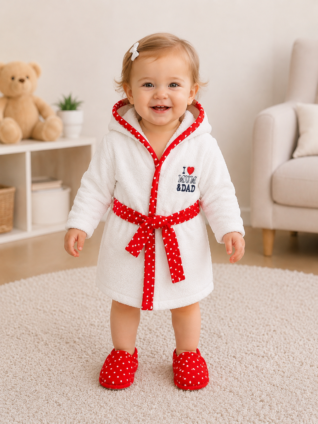 7684 Terry Baby Girl Bath Set 4-Piece “I ♥ Mum & Dad” – Hooded Robe (from 9–24 M), Hooded Towel, Slippers & Wash Mitt | 100% Cotton | Ages 0–2 Years | Made in Turkey | Perfect Gift