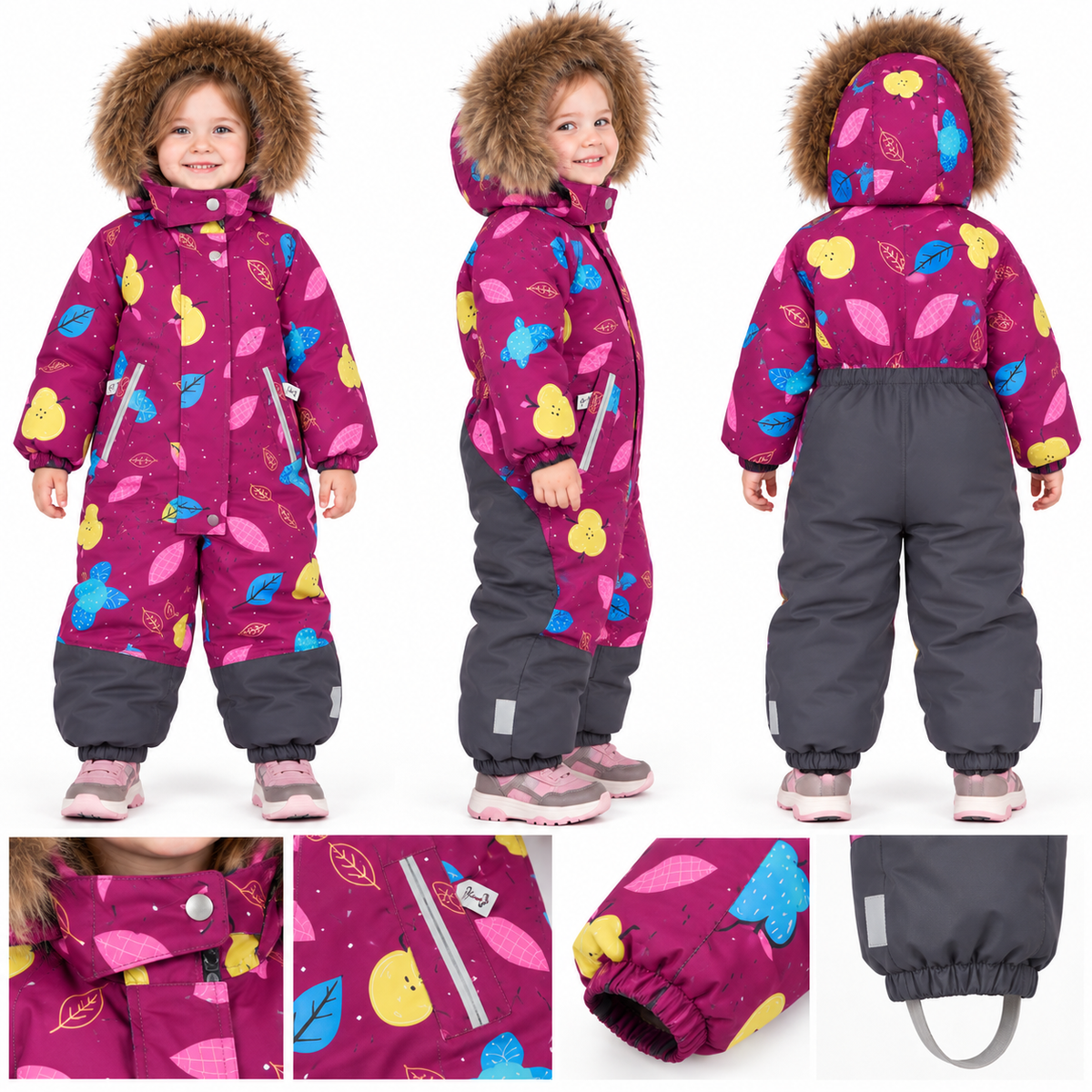 813 Girls’ Winter Snowsuit | Waterproof & Windproof Membrane Fabric & Real Fur Hood | Fleece-Lined | Apple, Pear & Leaf Print | Ages 1–4 Years | Sizes 80–104 cm