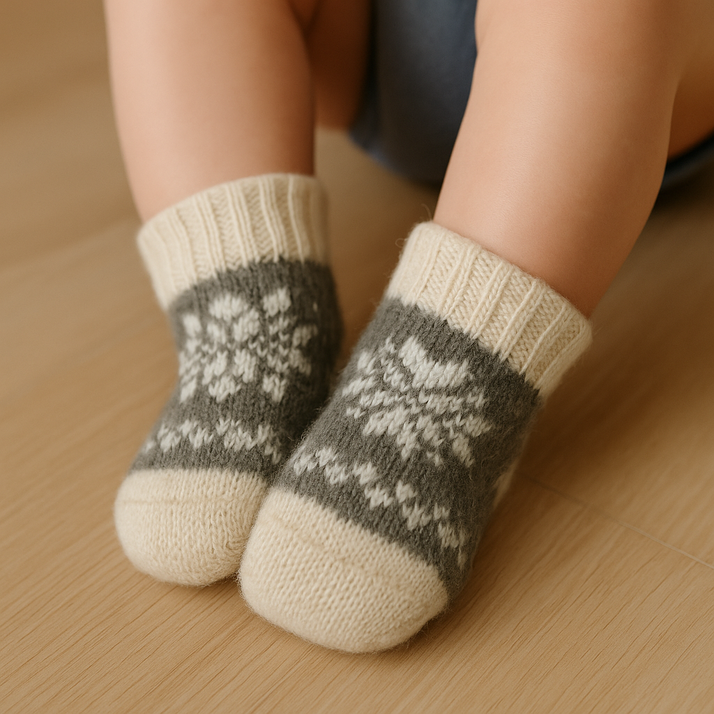 001 Hand-Knitted Baby Unisex Wool Socks with Snowflake Pattern 0–12 Months (11–12.5 cm)