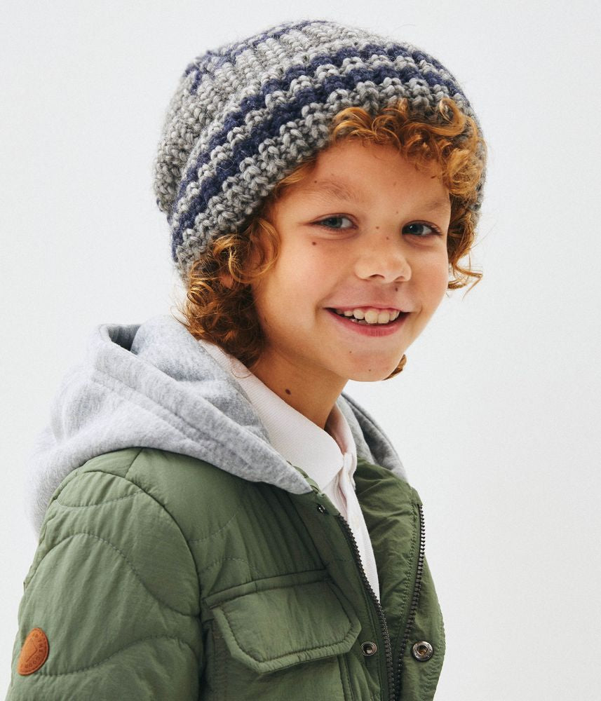 10042 Boys’ Knitted Winter Beanie with Stripes & Pom-Pom – Wool Blend | Sizes 54–56 | Ages 6–12 Years