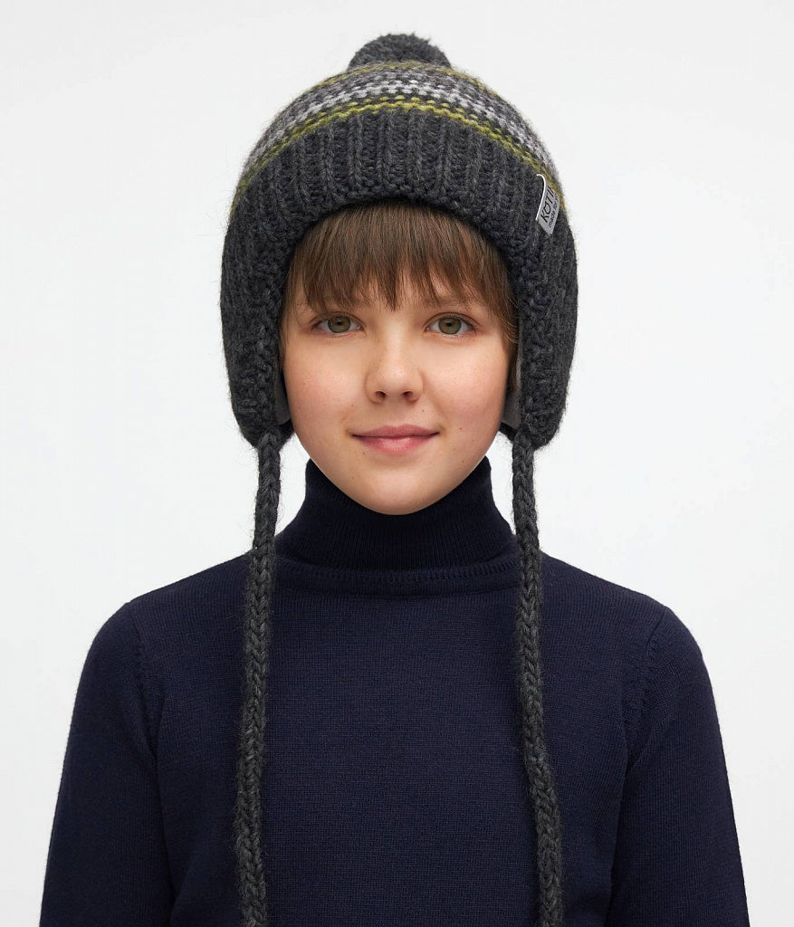 11187 Boys’ Winter Knit Hat with Stripes & Pom-Pom – Baby Alpaca Blend | Size 52-54 | 3–5 years | Baby Alpaca, Wool | 100% Cotton Lining