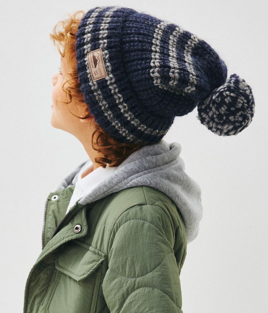 10042 Boys’ Knitted Winter Beanie with Stripes & Pom-Pom – Wool Blend | Sizes 54–56 | Ages 6–12 Years