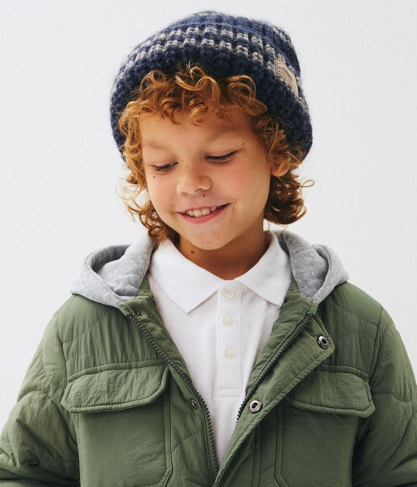 10042 Boys’ Knitted Winter Beanie with Stripes & Pom-Pom – Wool Blend | Sizes 54–56 | Ages 6–12 Years