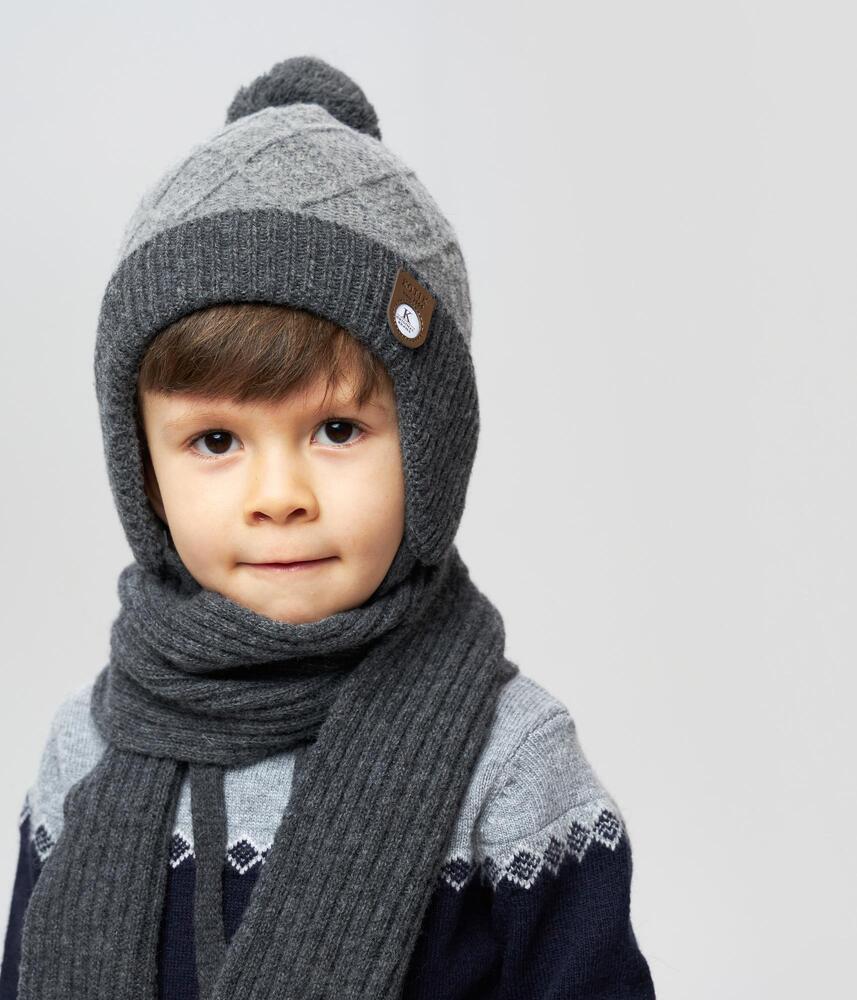 10136 Boys’ Knitted Winter Hat with with Pom-Pom & Earflaps – Gray Pattern | Sizes 48–50 cm | 9–18 Months | Сashmere, Wool | 100% Cotton Lining