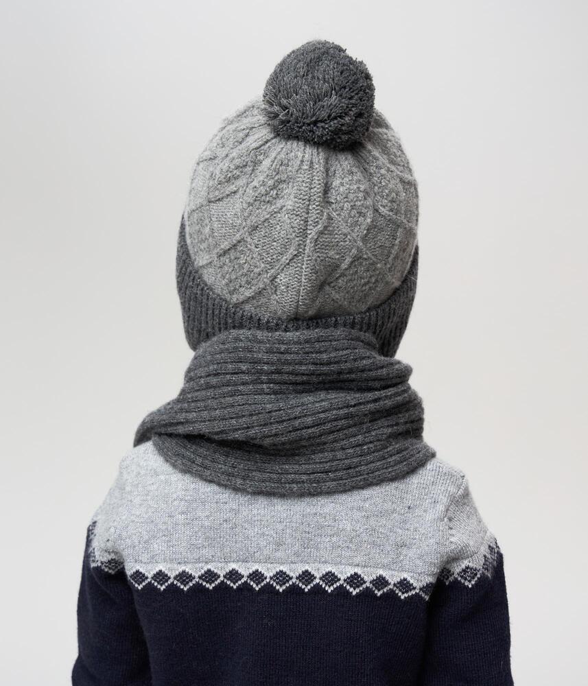 10136 Boys’ Knitted Winter Hat with with Pom-Pom & Earflaps – Gray Pattern | Sizes 48–50 cm | 9–18 Months | Сashmere, Wool | 100% Cotton Lining