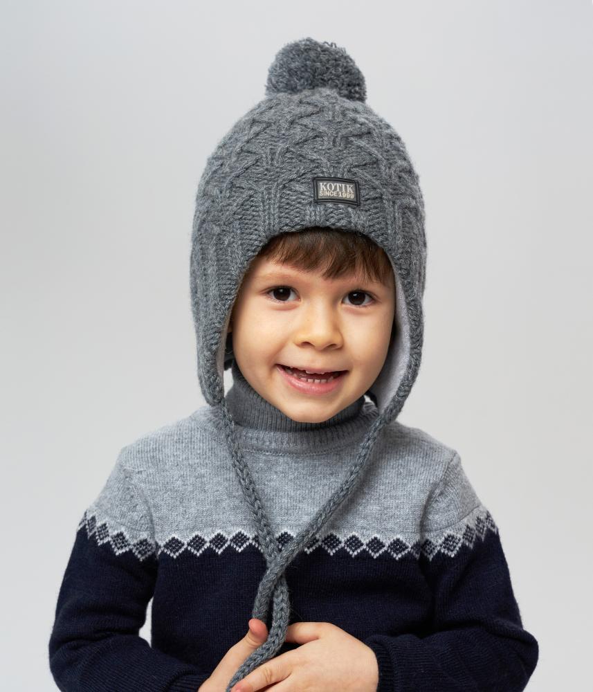 10138 Boys’ Striped Winter Knit Hat with Earflaps & Pom-Pom | Gray Textured Pattern | Sizes 50–52 cm | 18–36 Months | Wool | 100% Cotton Lining