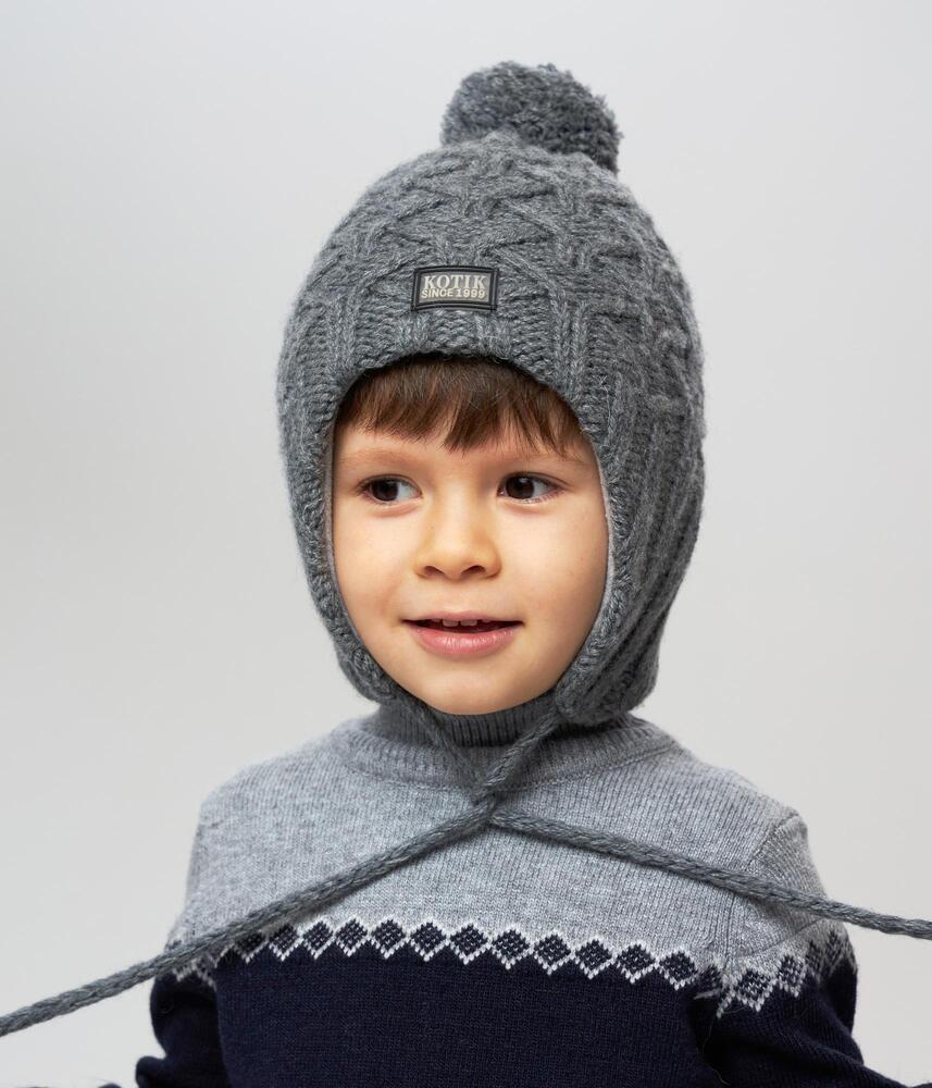 10138 Boys’ Striped Winter Knit Hat with Earflaps & Pom-Pom | Gray Textured Pattern | Sizes 50–52 cm | 18–36 Months | Wool | 100% Cotton Lining